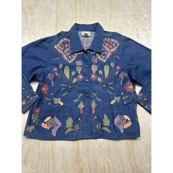 VTG April Cornell Women’s Jean Jacket Embroidered Sz L Gorgeous Flowers Leaves - Picture 1 of 10
